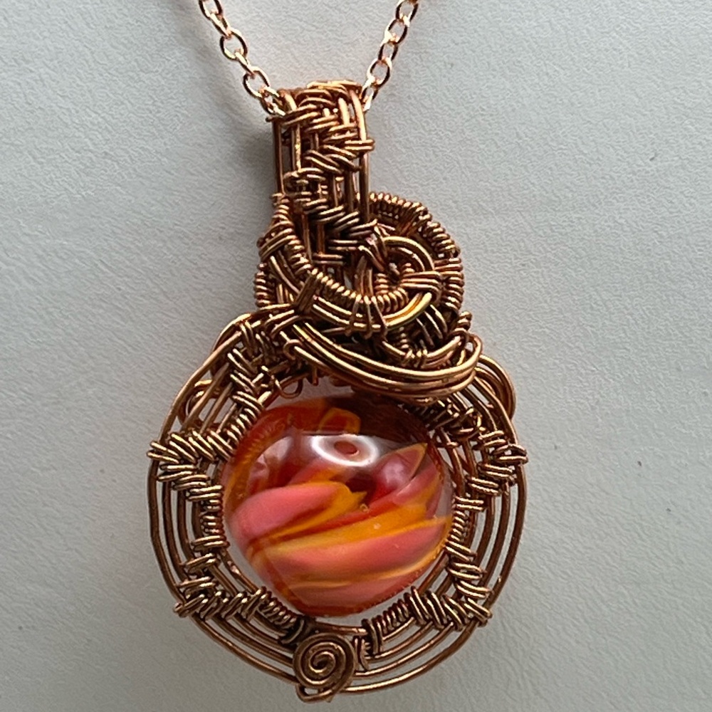 Handcrafted Copper Wire Wrapped Oval Pendant with Artisan Glass Bead -Unique